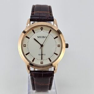 Men's Watch 40MM White Dial Gold Case Brown Leather Bands New Battery
